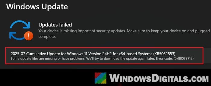 Some update files are missing or have problems error code 0x80073712 Windows 11