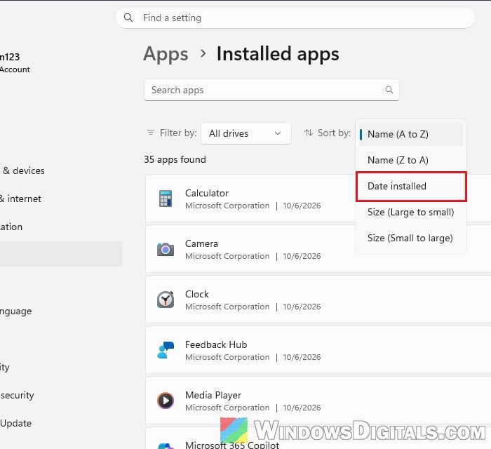 Sort Installed apps by install date Windows 11