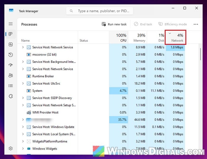 Sort processes by network usage Task Manager Windows 11