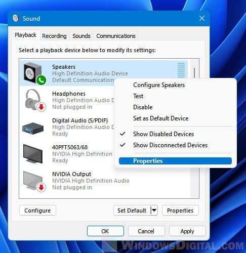 Speaker Properties Windows 11