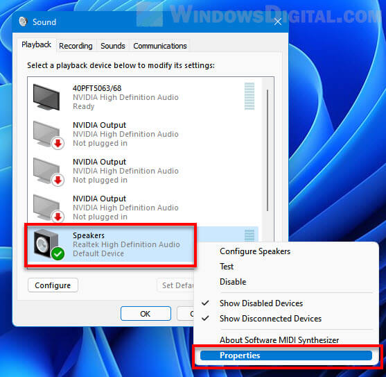 Speakers Properties Windows 11