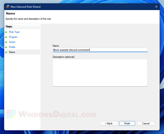 Specify the name and description of this inbound outbound rule Firewall