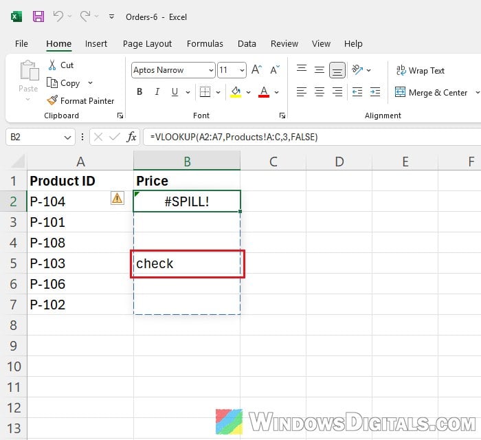 Spill range blocked by a value in Excel