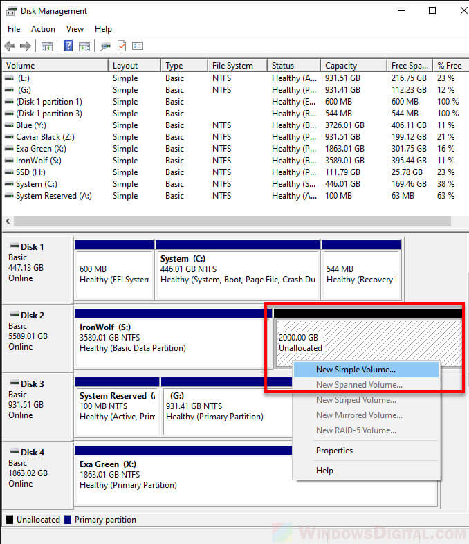 Split drive and create partition on unallocated space Windows 10