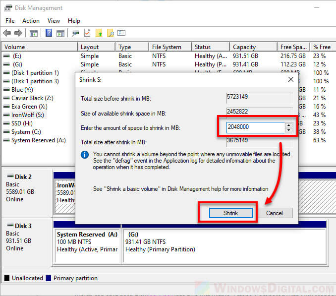 Split empty space hard disk drive Windows 10