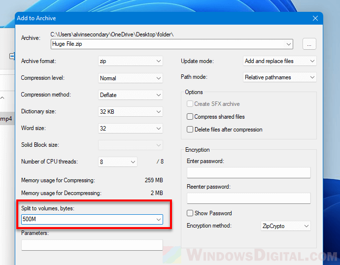 Split files into multiple files using 7-Zip