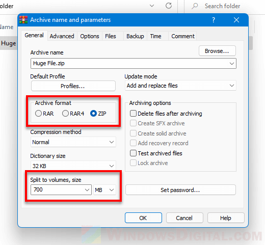 Split files into multiple parts using WinRAR