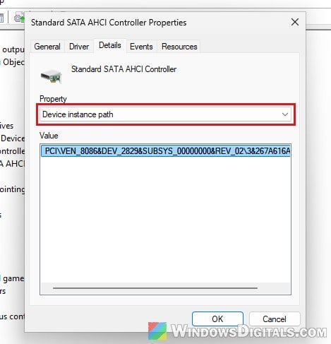 Standard SATA AHCI Controller Device instance path Device Manager Windows 11