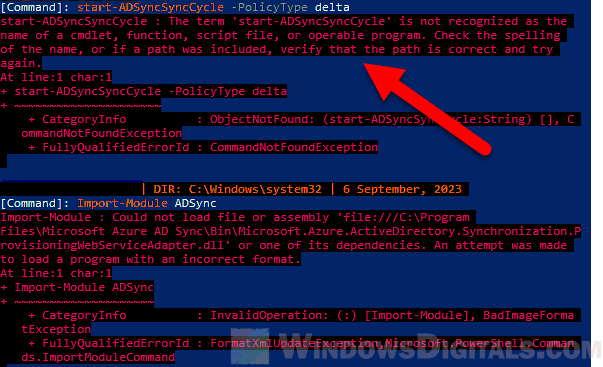 Start-ADSyncSyncCycle is not recognized as the name of a cmdlet