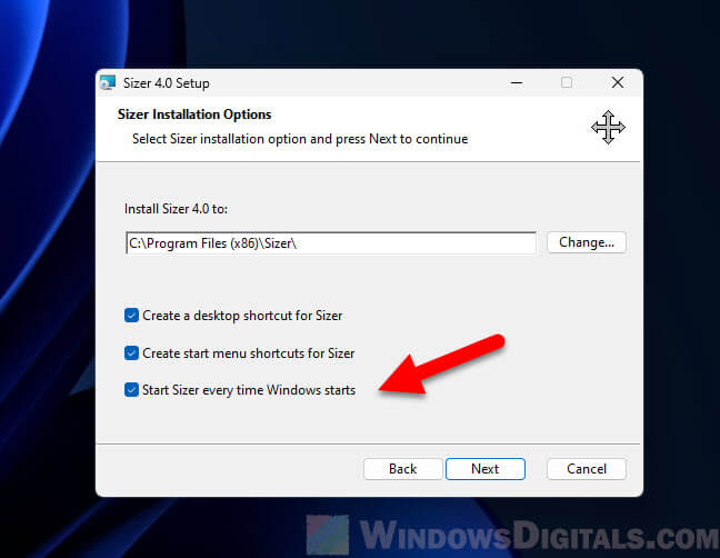 Start Sizer on Windows startup