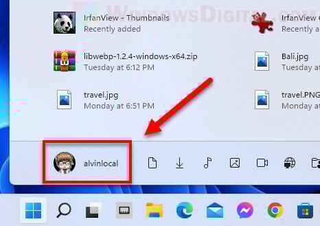 Start menu currently logged in user Windows 11