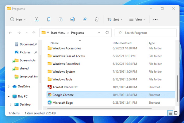 Start menu programs shortcut Windows 11