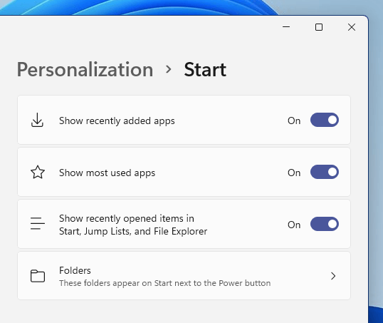 Start menu settings Windows 11