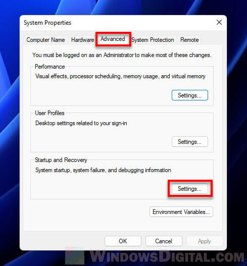 Startup and Recovery Settings Windows 11