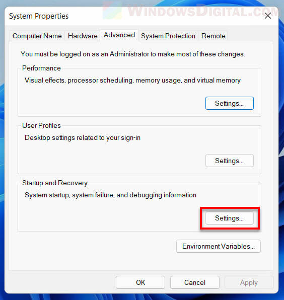 Startup and Recovery Settings Windows 11