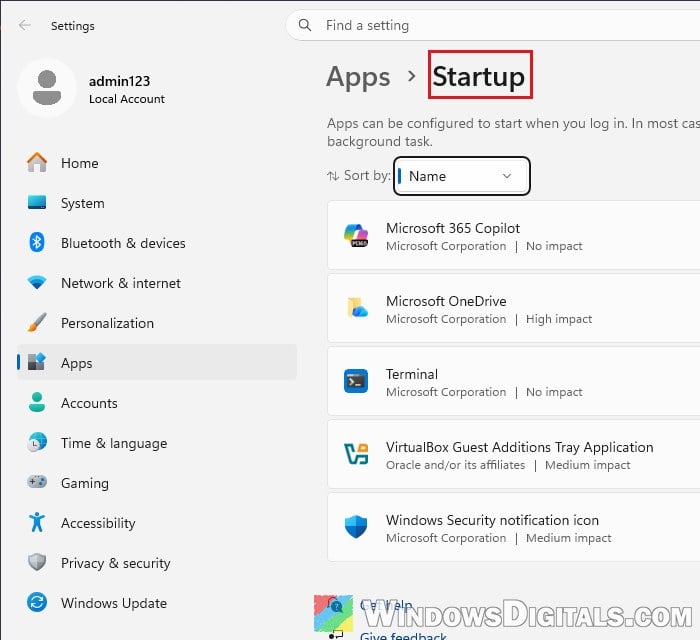 Startup apps in Settings Windows 11