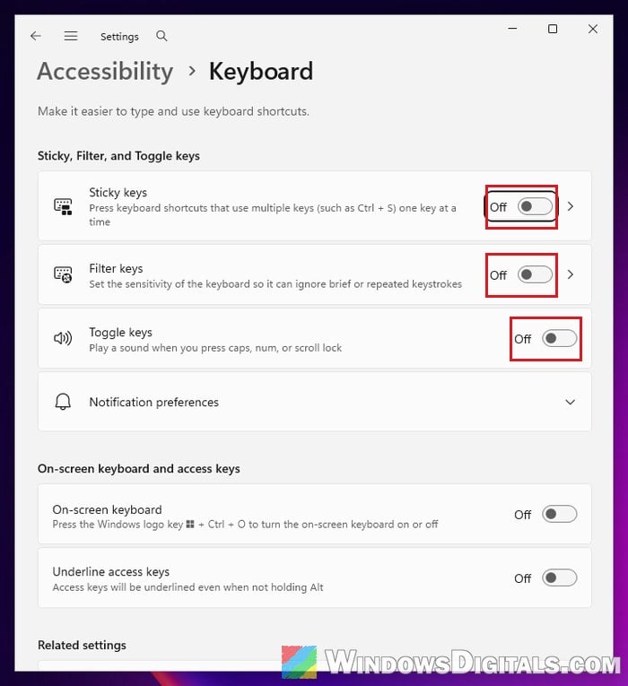 Sticky keys Filter keys Toggle keys off Windows 11