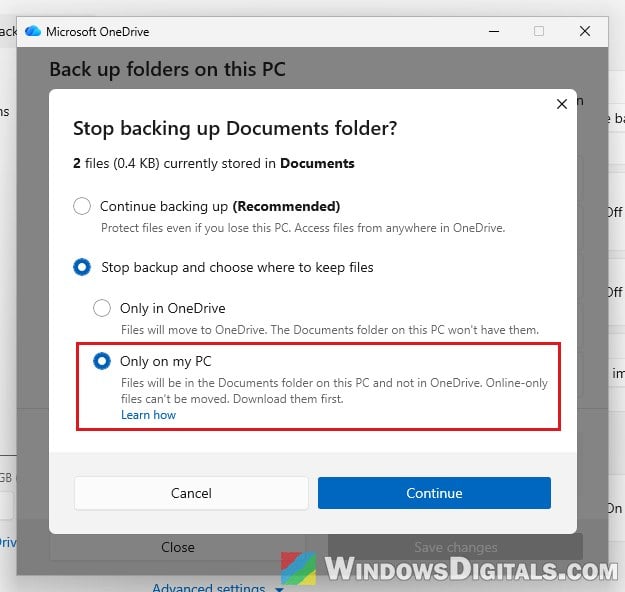 Stop OneDrive backup keep files only on my PC