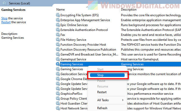 Stop a service in Windows 11