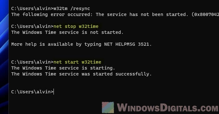 Stop and restart time service in Windows 11 via CMD