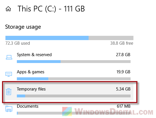 Storage Settings Windows 10 Temporary files