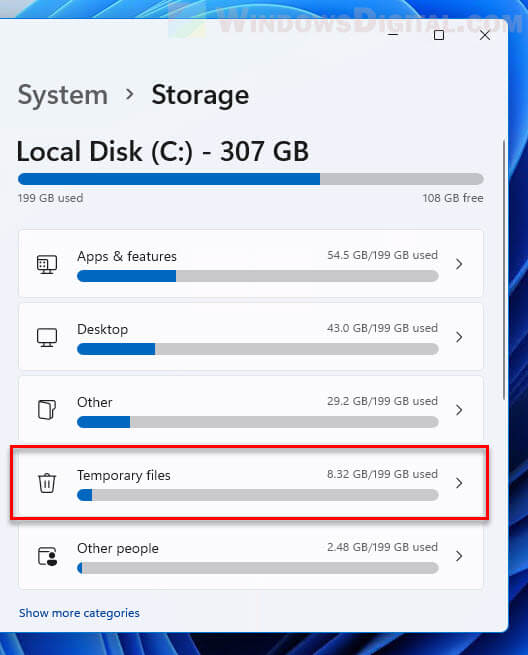 Storage settings Temporary files