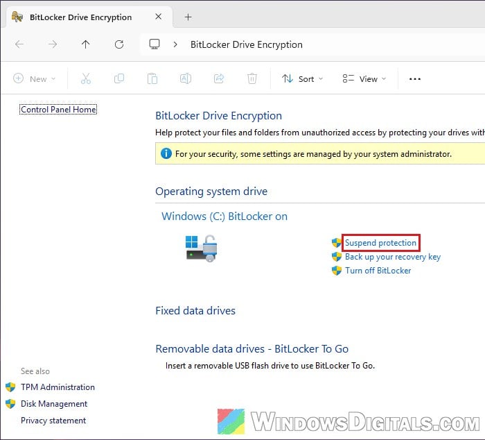 Suspend BitLocker protection Control Panel Windows 11