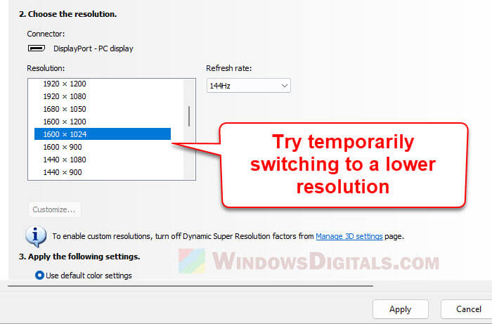 Switching to lower resolution NVIDIA Control Panel Custom Resolution