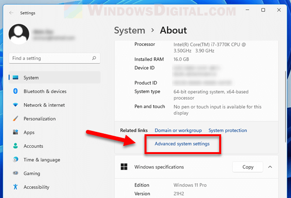 Advanced system settings Windows 11