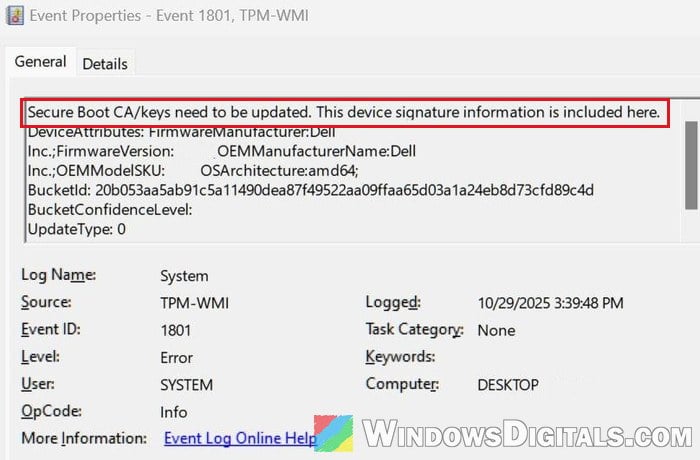 TPM-WMI Event ID 1801 Secure Boot certificates in Event Viewer