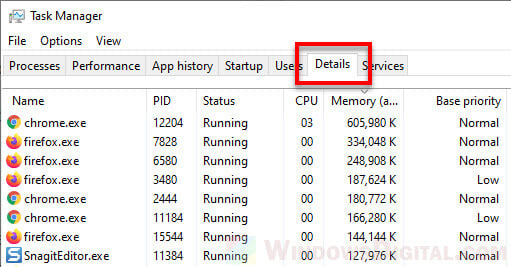 Task Manager Details tab Windows 10