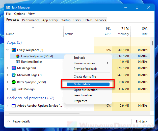 Task Manager Go to details in Windows 11