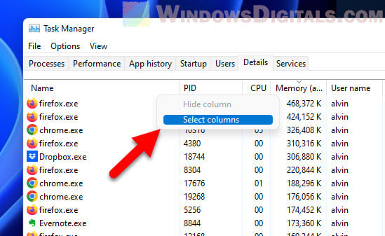 Task Manager select columns