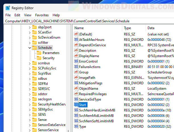 Task Scheduler Registry Start Value Automatic