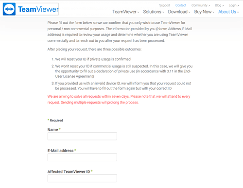 TeamViewer request for personal use form