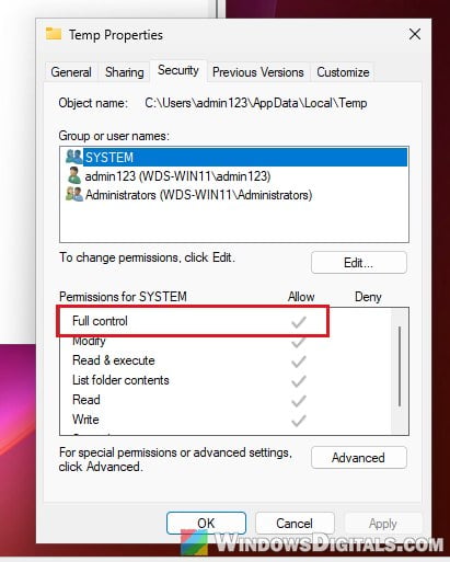 Temp folder Security tab permissions Windows 11