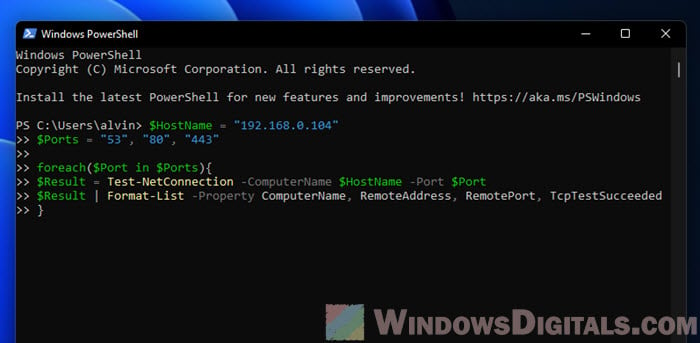 Testing multiple port connections using PowerShell