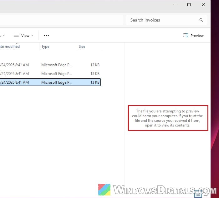 The file you are attempting to preview could harm your computer File Explorer Windows 11