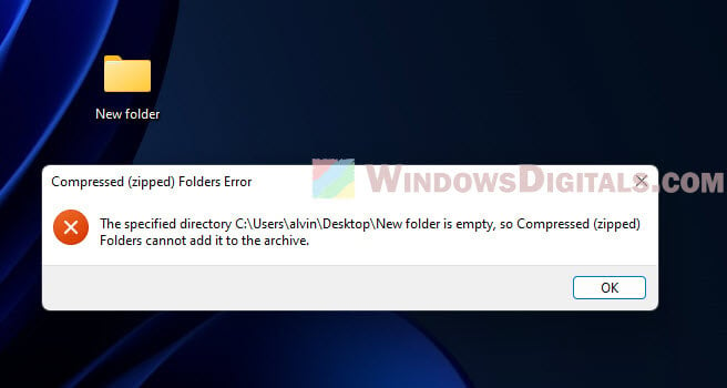 The specified directory is empty so Compressed (zipped) Folders cannot add it to the archive