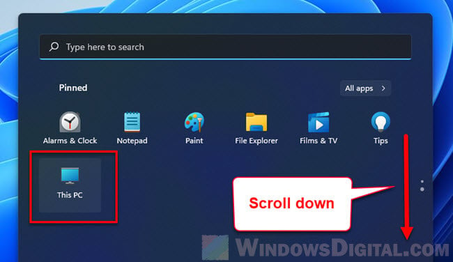 This PC not found in Pinned area in Start on Windows 11