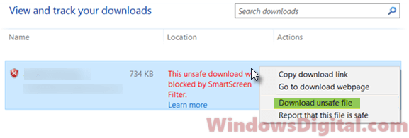 This unsafe download was blocked by Smartscreen Filter Edge IE