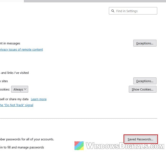 Thunderbird Saved Passwords Privacy and Security settings