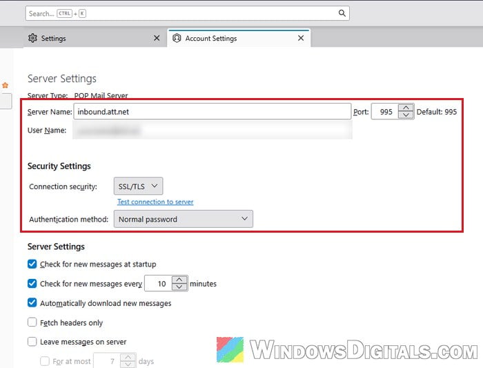 Thunderbird Server Settings inbound.att.net port 995