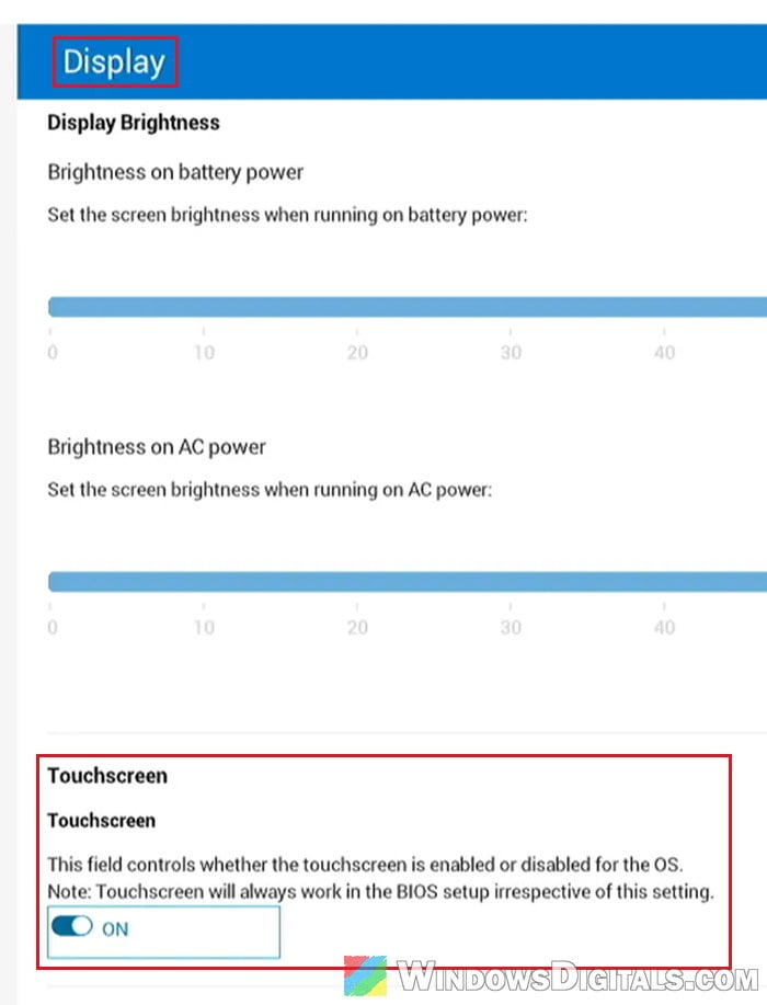 Touchscreen option in Dell BIOS