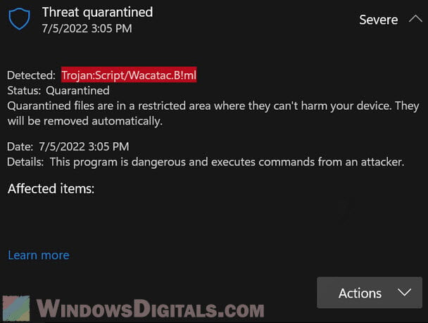 Trojan Win32 Script Wacatac Hml False Positive