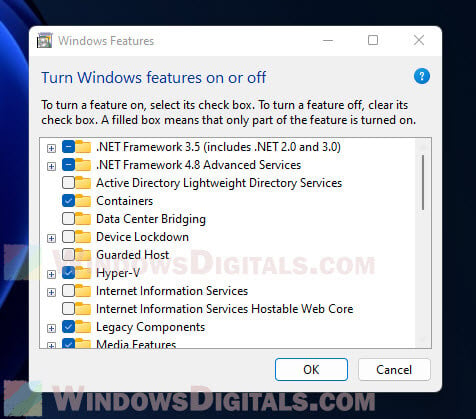 Turn Windows Features on or off Windows 11