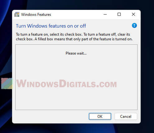 Turn Windows Features on or off please wait