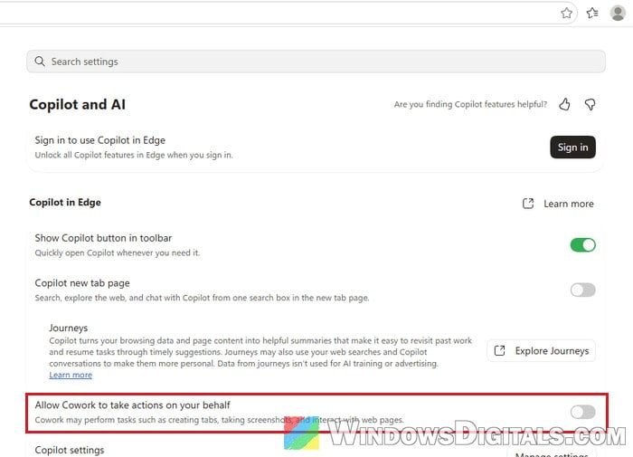 Turn off Allow Cowork to take actions on your behalf in Edge