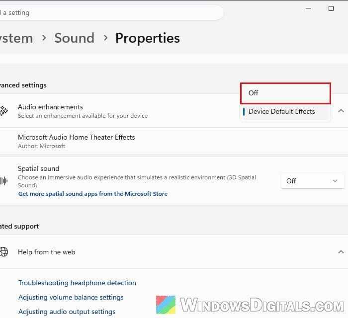 Turn off Audio enhancements Windows 11