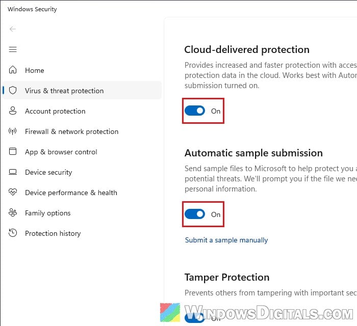 Turn off Cloud-delivered protection and Automatic sample submission Windows 11
